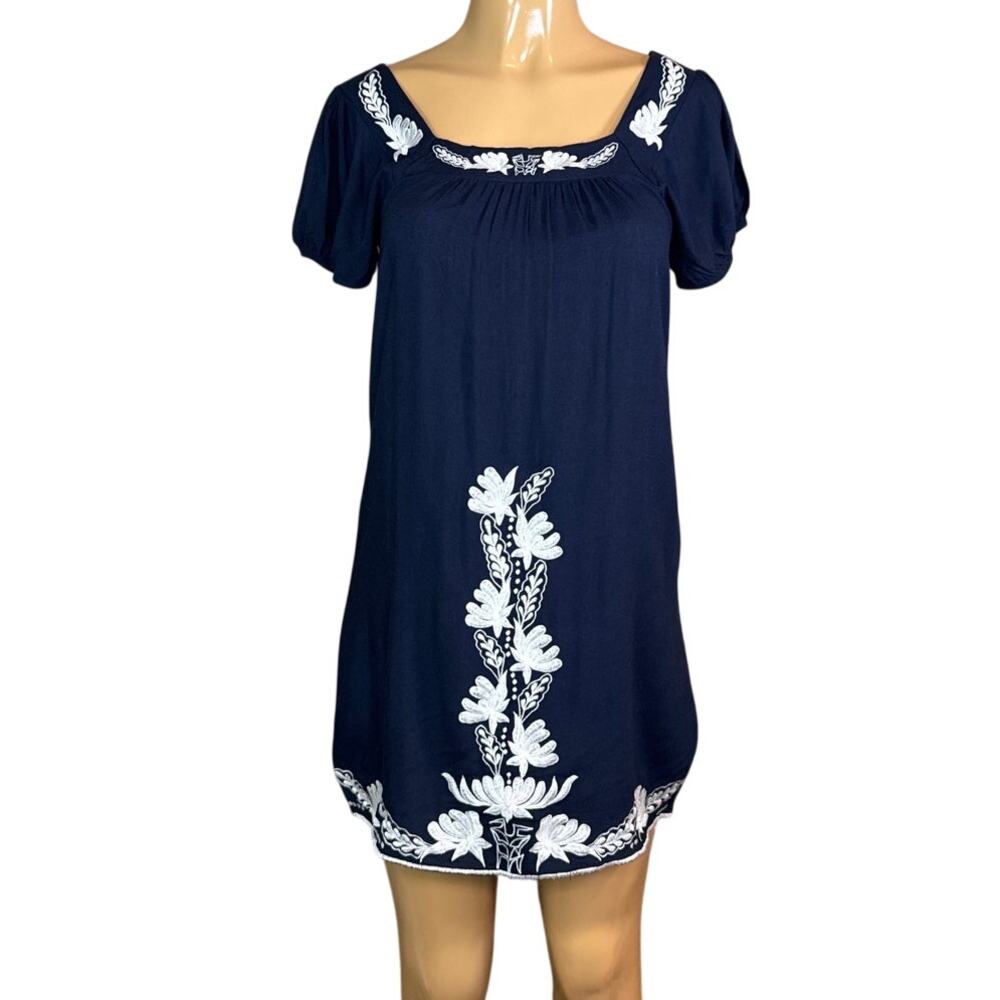 One Clothing Boho Embroidered Mini Dress Short Sleeve Navy Blue Size Small